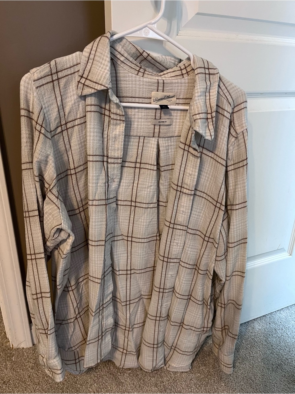 Universal Thread Cream Plaid Button-Down Shacket with Brown Windowpane